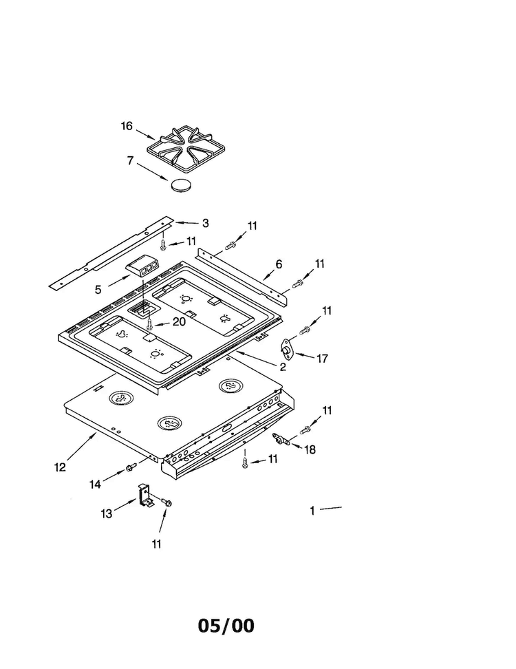 Cooktop Diagram and Parts List for GW395LEGT2  Whirlpool Range