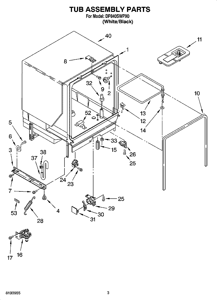 TUB ASSEMBLY PARTS Diagram and Parts List for DP840SWPX0  Whirlpool Dishwasher