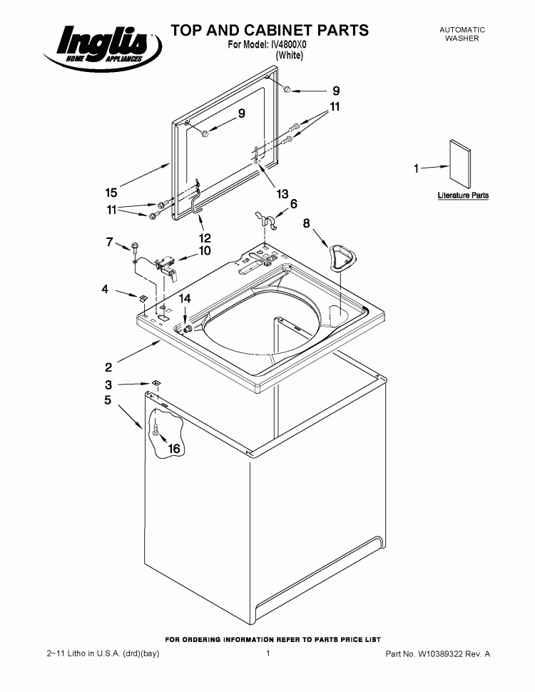 TOP AND CABINET PARTS Diagram and Parts List for IV4800X0  Inglis Washer