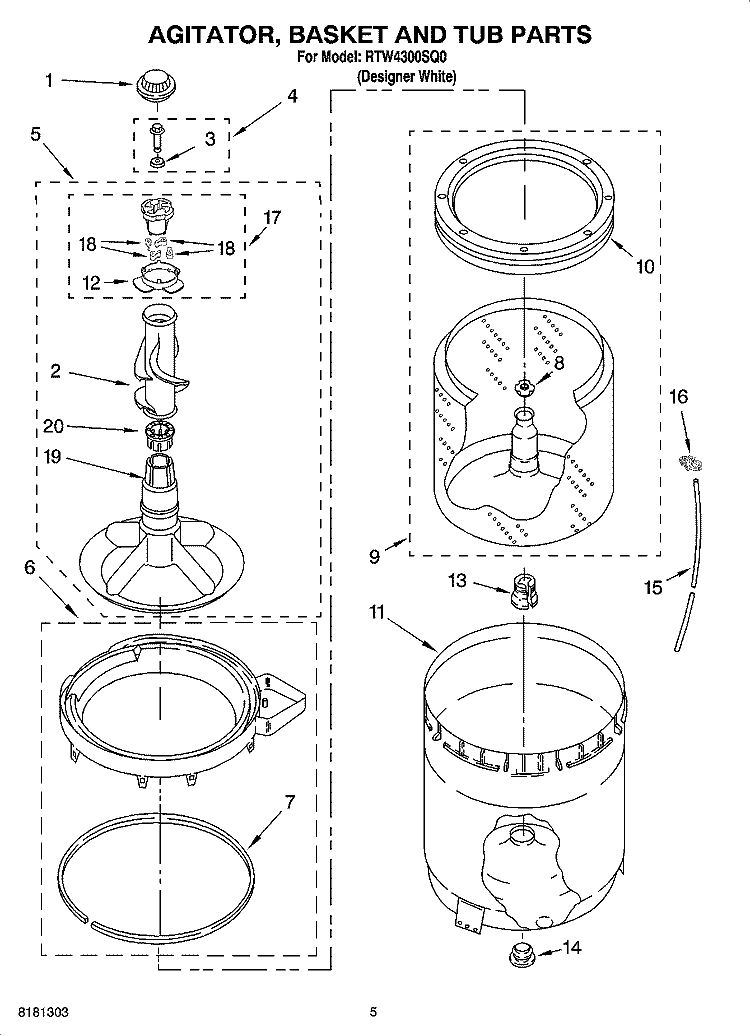 AGITATOR, BASKET AND TUB PARTS Diagram and Parts List for RTW4300SQ0  Roper Washer