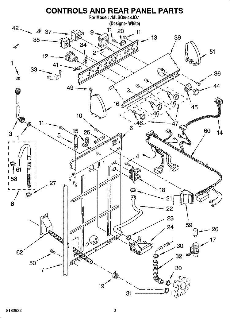 CONTROLS AND REAR PANEL PARTS Diagram and Parts List for 7MLSQ8543JQ7  Whirlpool Washer