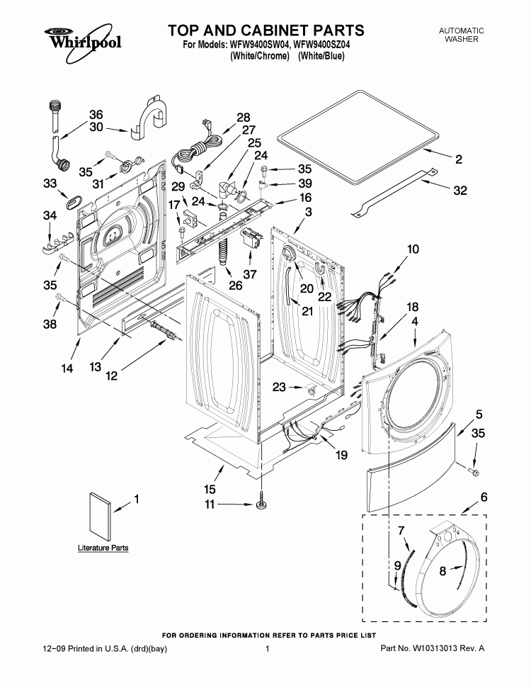 TOP AND CABINET PARTS Diagram and Parts List for WFW9400SW04  Whirlpool Washer