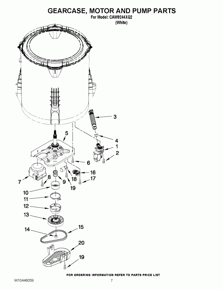 GEARCASE, MOTOR AND PUMP PARTS Diagram and Parts List for CAW9244XQ2  Whirlpool Washer