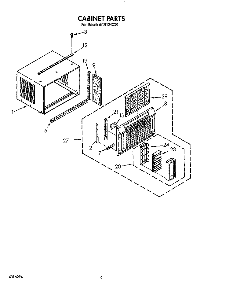 CABINET Diagram and Parts List for ACR124XX0  Whirlpool Air Conditioner
