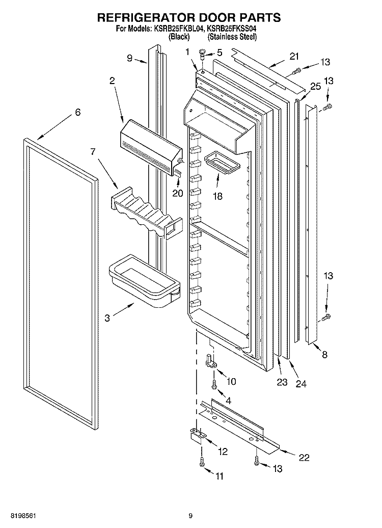 REFRIGERATOR DOOR PARTS Diagram and Parts List for KSRB25FKBL04  KitchenAid Refrigerator
