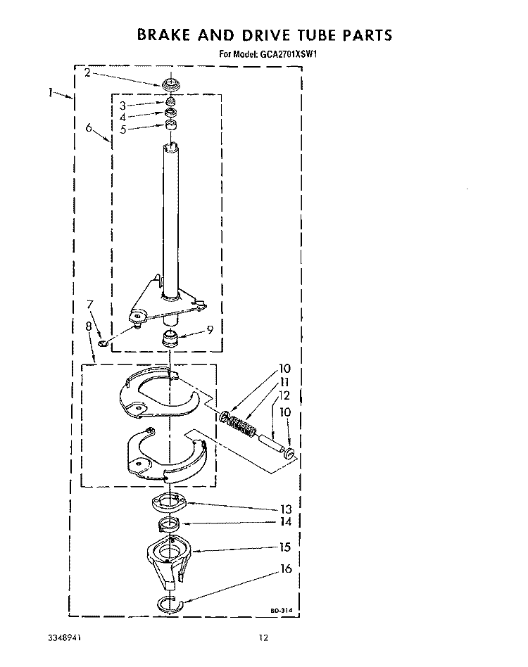 BRAKE AND DRIVE TUBE Diagram and Parts List for GCA2701XSW1  Whirlpool Washer