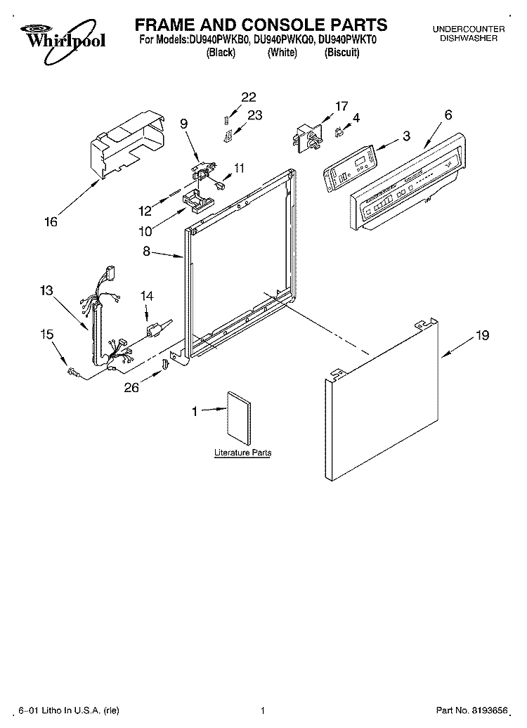 FRAME & CONSOLE, LITERATURE Diagram and Parts List for DU940PWKB0  Whirlpool Dishwasher