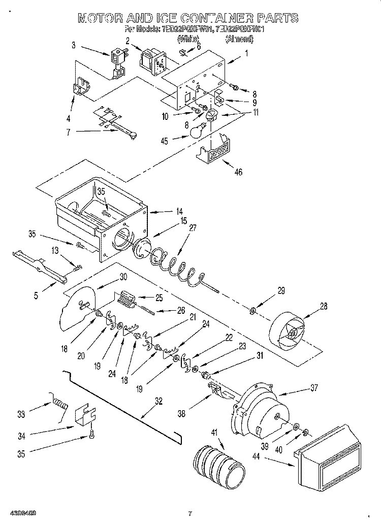 MOTOR AND ICE CONTAINER Diagram and Parts List for 7ED22PQXFW01  Whirlpool Refrigerator
