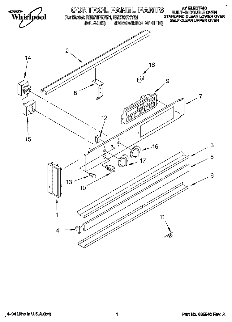 CONTROL PANEL, LITERATURE Diagram and Parts List for RB270PXYQ1  Whirlpool Wall Oven