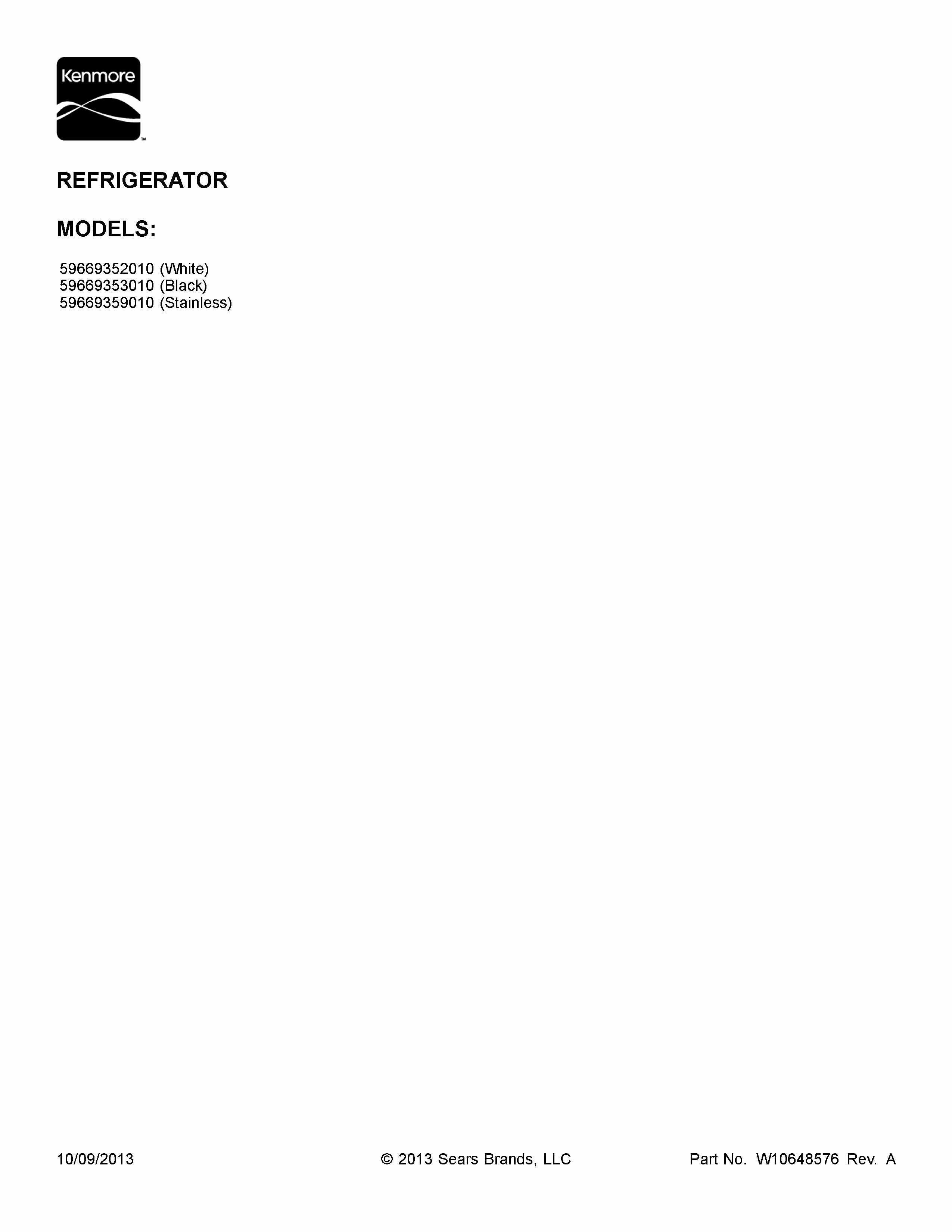 Cover Sheet Diagram and Parts List for 59669353010  Kenmore Refrigerator