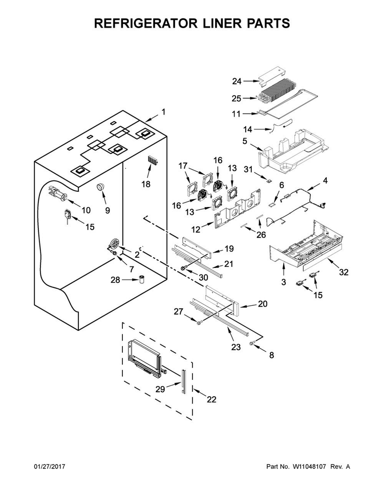 Refrigerator Liner Parts Diagram and Parts List for KBBL206ESS01  KitchenAid Refrigerator