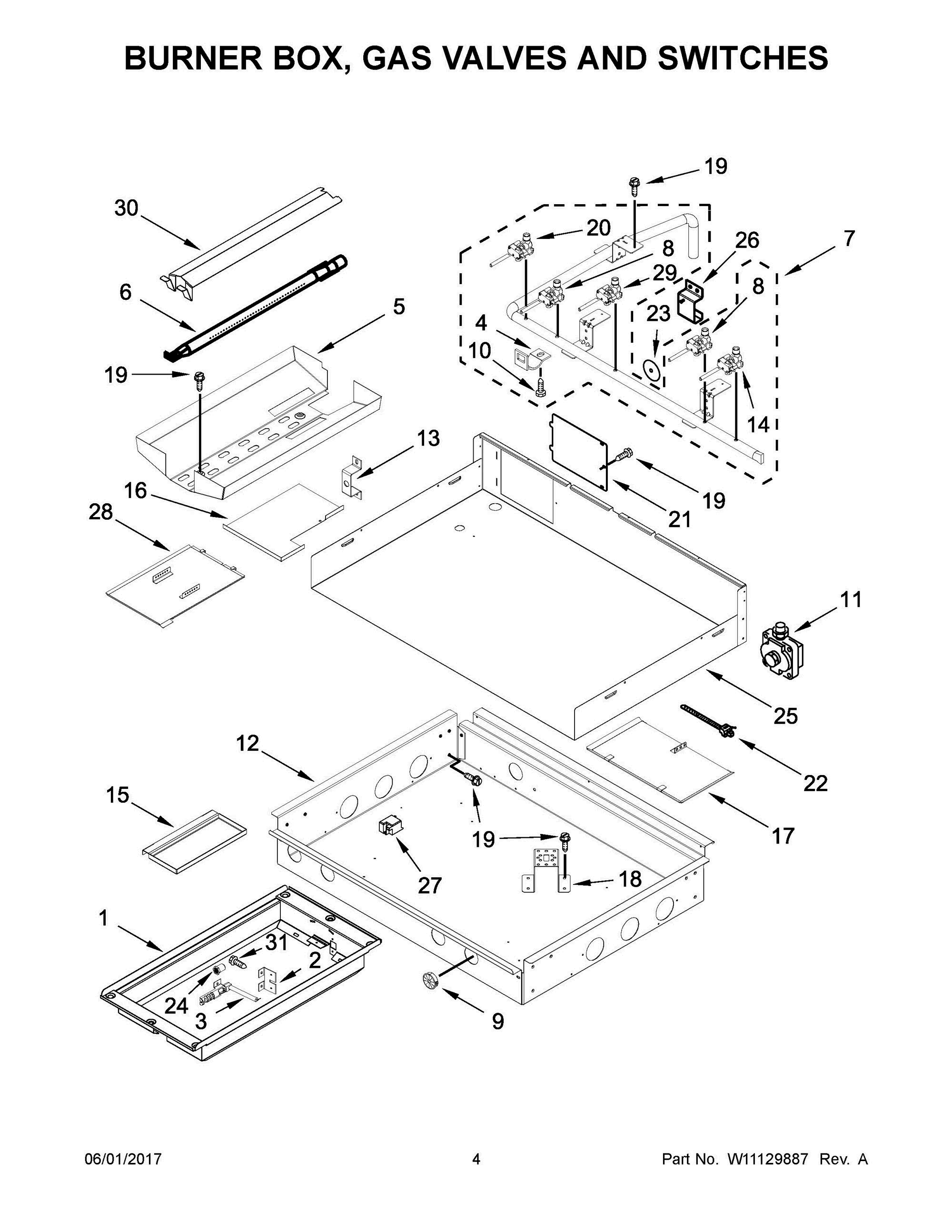 03 - BURNER BOX, GAS VALVES AND SWITCHES Diagram and Parts List for KGCU462VSS02  Whirlpool Cooktop
