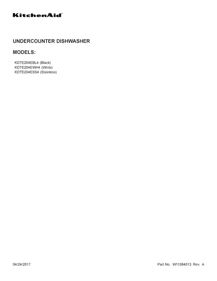 Cover Sheet Diagram and Parts List for KDTE204EBL4  KitchenAid Dishwasher