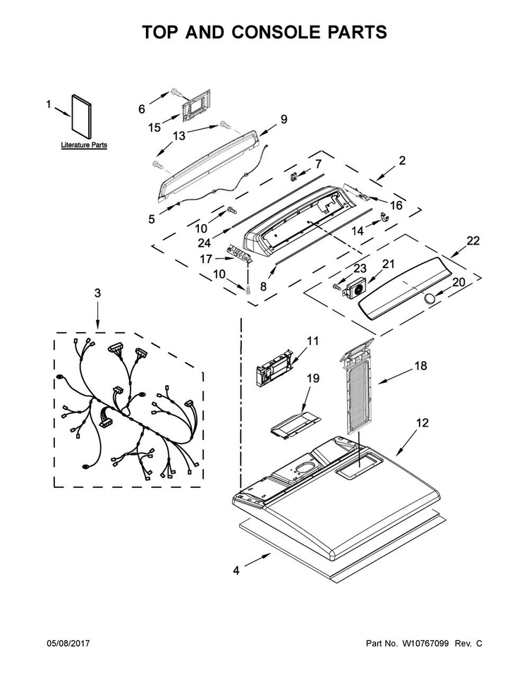 Top And Console Parts Diagram and Parts List for 11077132410  Kenmore Dryer