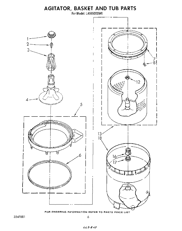 AGITATOR, BASKET AND TUB Diagram and Parts List for LA5950XSW0  Whirlpool Washer