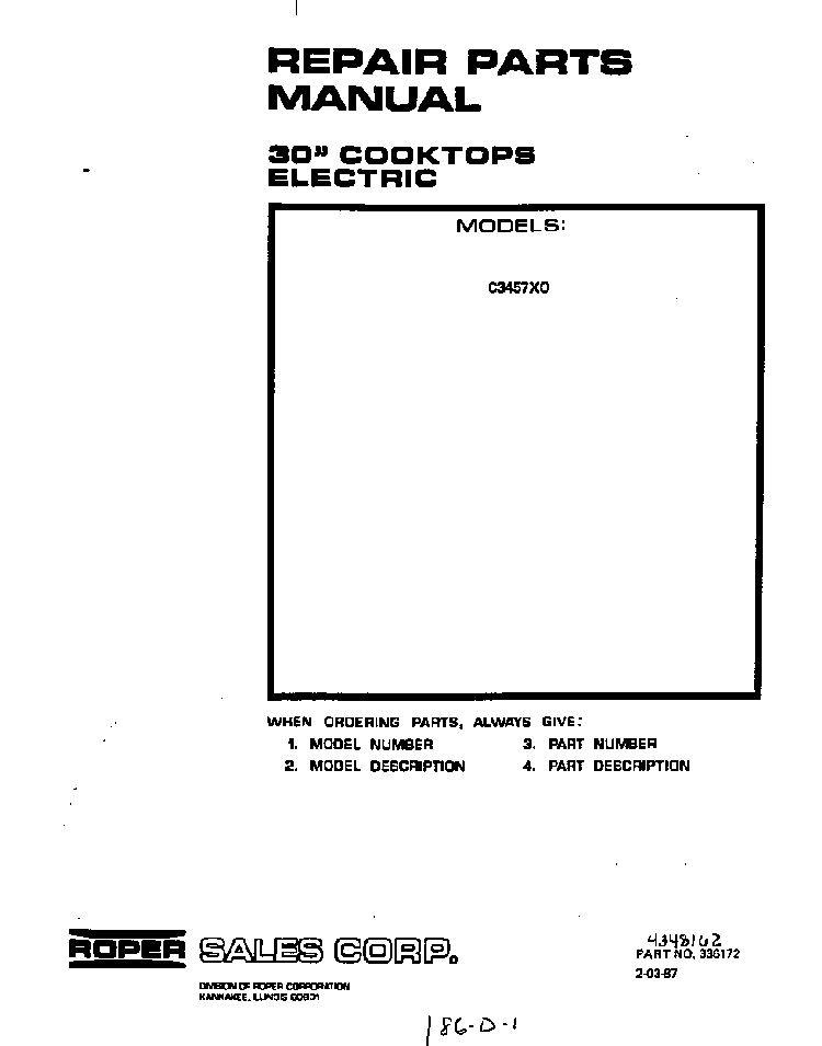 Cover Page Diagram and Parts List for C3457*0  Roper Range