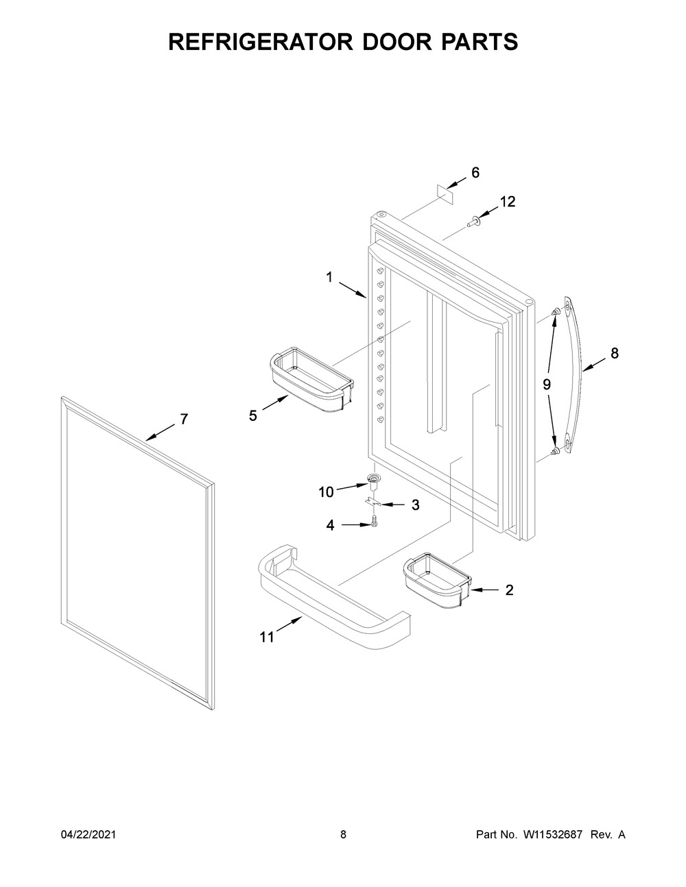 Refrigerator Door Parts Diagram and Parts List for WRB329DMBB03  Whirlpool Refrigerator