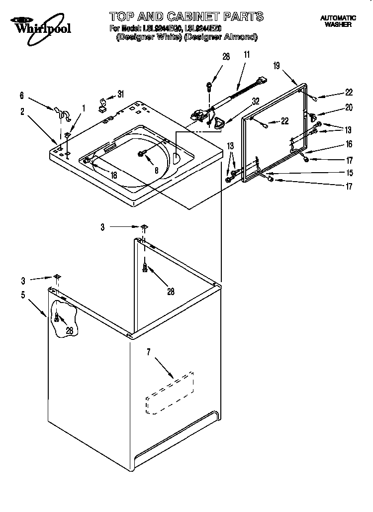 Top And Cabinet Diagram and Parts List for LSL8244EZ0  Whirlpool Washer