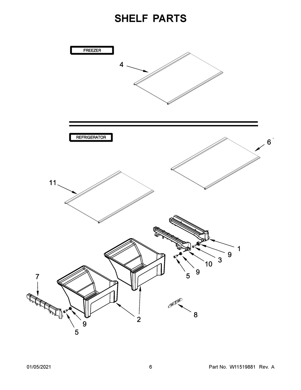 Shelf Parts Diagram and Parts List for ART318FFDB07  Whirlpool Refrigerator