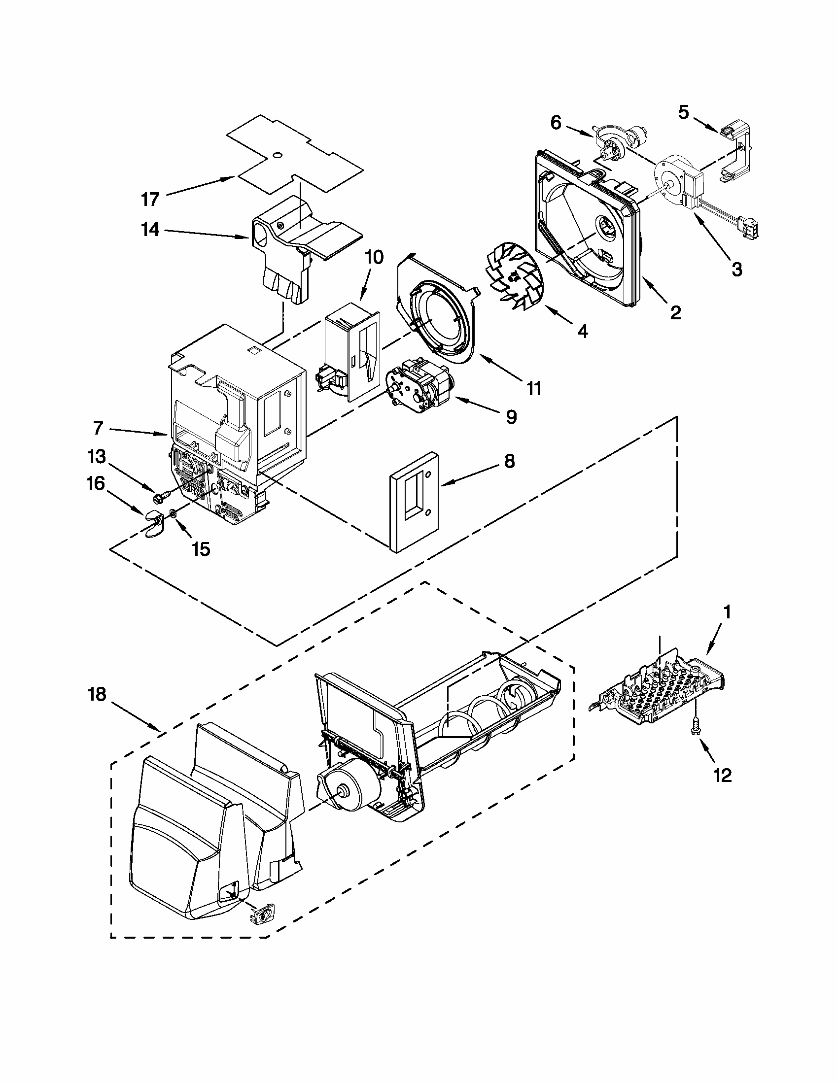 Motor And Ice Container Parts Diagram and Parts List for 59679542014  Kenmore Refrigerator