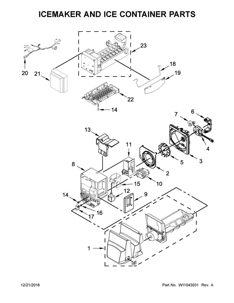 Icemaker And Ice Container Parts Diagram and Parts List for WRF555SDHV00  Whirlpool Refrigerator