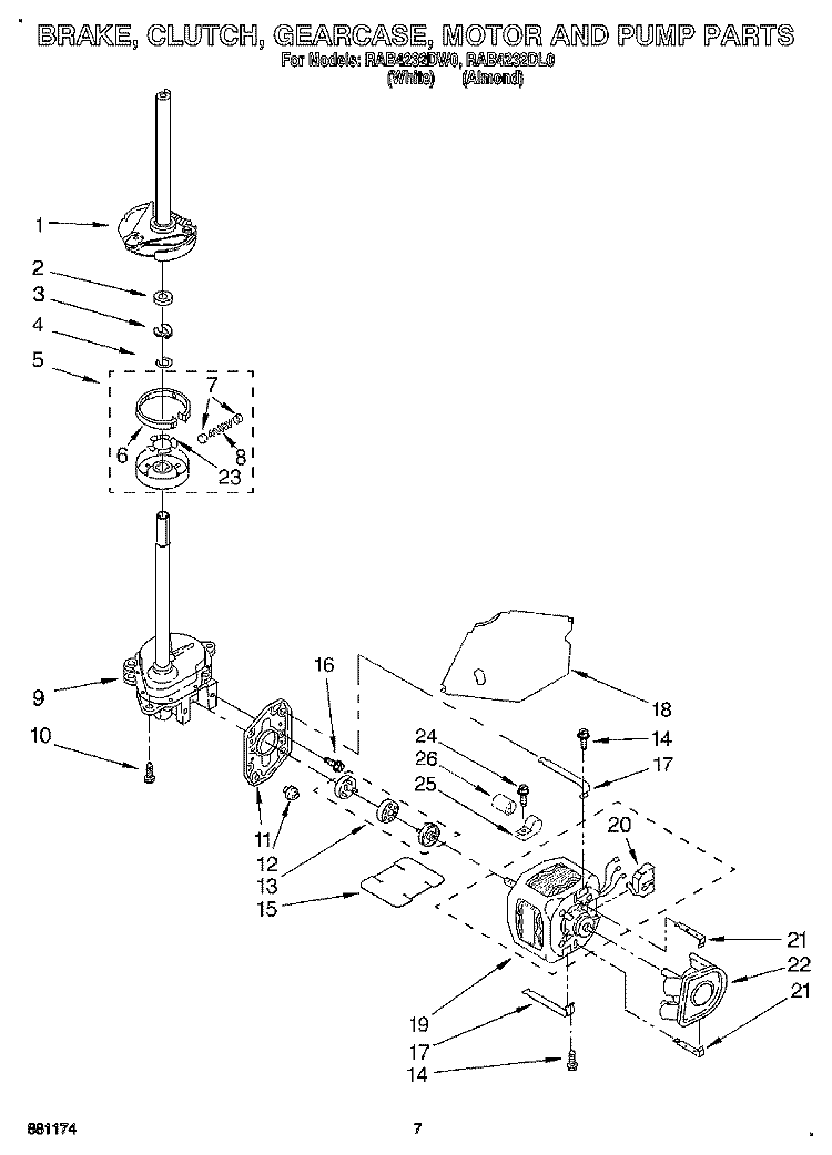 BRAKE, CLUTCH, GEARCASE, MOTOR & PUMP Diagram and Parts List for RAB4232DW0  Roper Washer