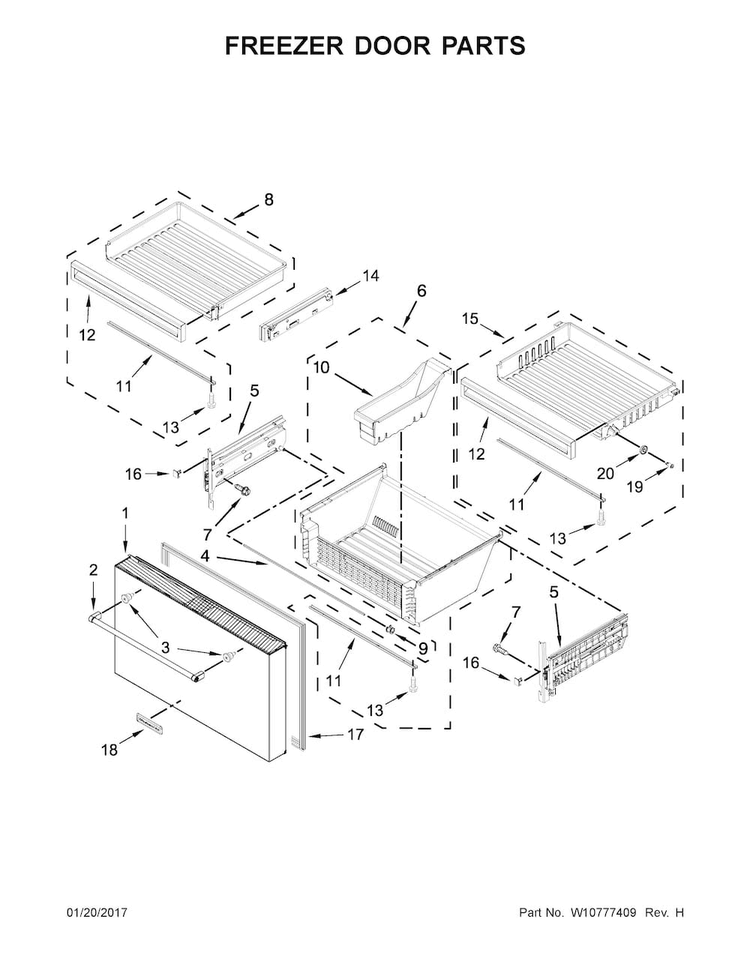 Freezer Door Parts Diagram and Parts List for KRMF706EBS00  KitchenAid Refrigerator