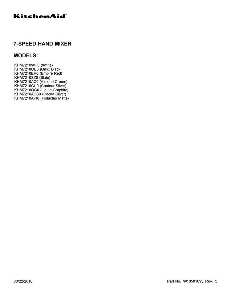 Cover Sheet Diagram and Parts List for KHM7210SZ0  KitchenAid Mixer