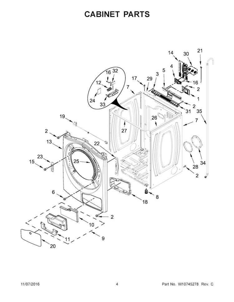 Cabinet Parts Diagram and Parts List for WED99HEDC0  Whirlpool Dryer