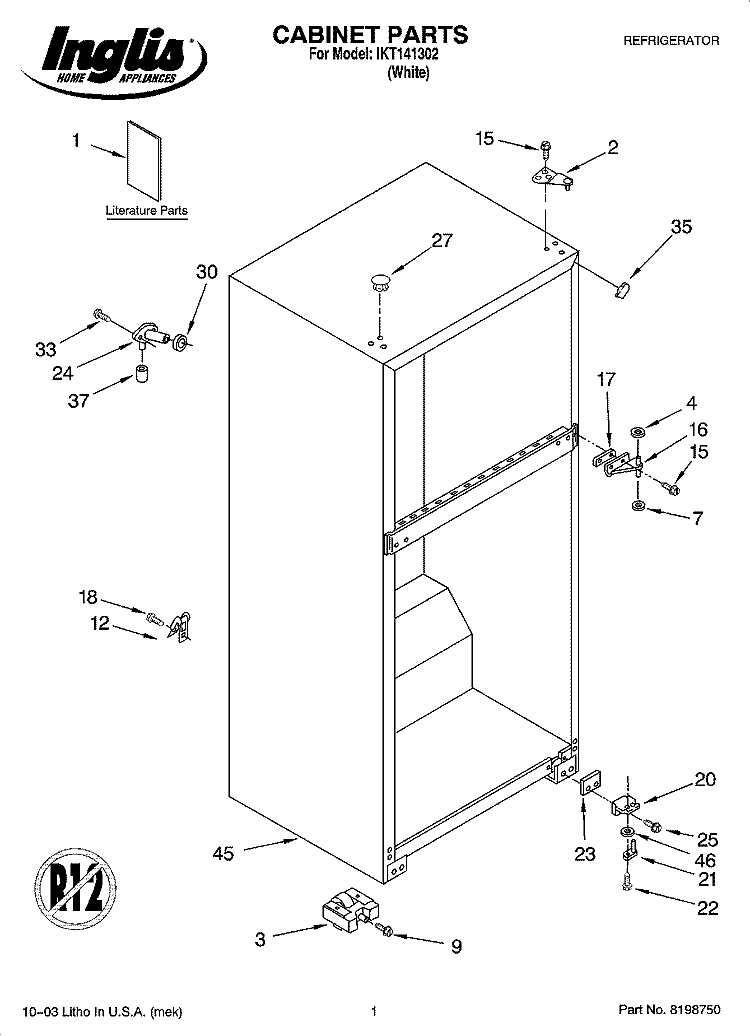 CABINET PARTS Diagram and Parts List for IKT141302  Inglis Refrigerator