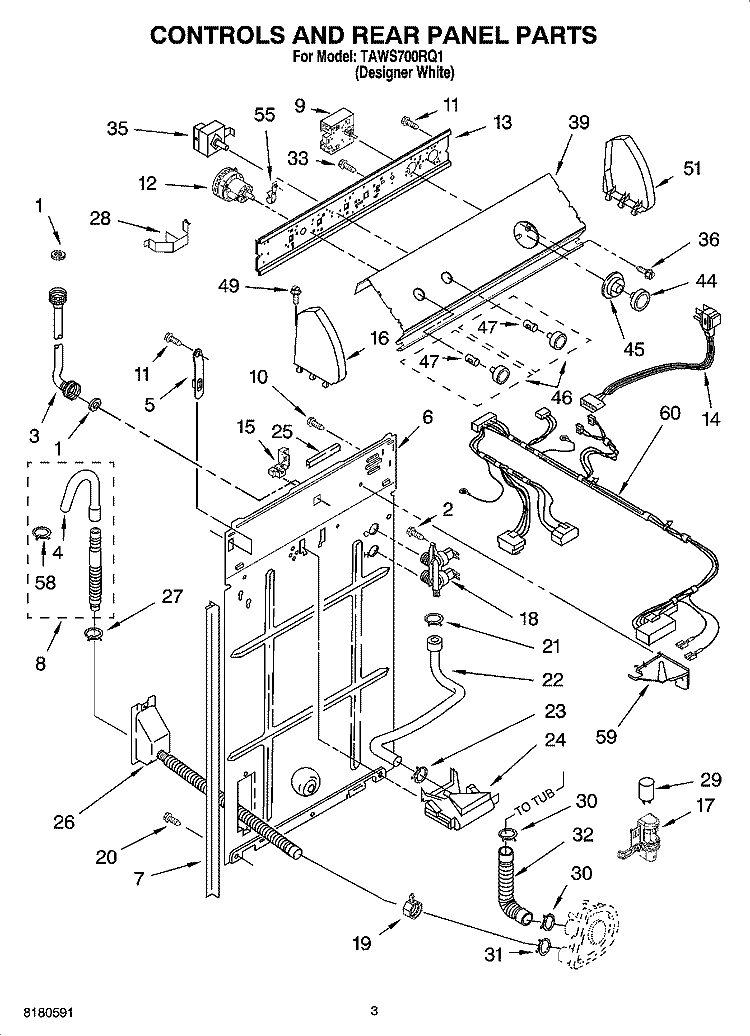 CONTROLS AND REAR PANEL PARTS Diagram and Parts List for TAWS700RQ1  Estate Washer