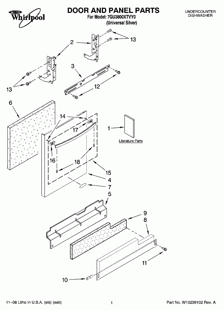 DOOR AND PANEL PARTS Diagram and Parts List for 7GU3800XTVY0  Whirlpool Dishwasher
