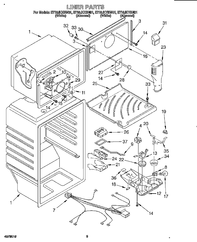 LINER Diagram and Parts List for ET16JKYBW01  Whirlpool Refrigerator