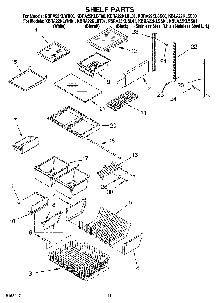 SHELF PARTS, OPTIONAL PARTS Diagram and Parts List for KBLA22KLSS01  KitchenAid Refrigerator