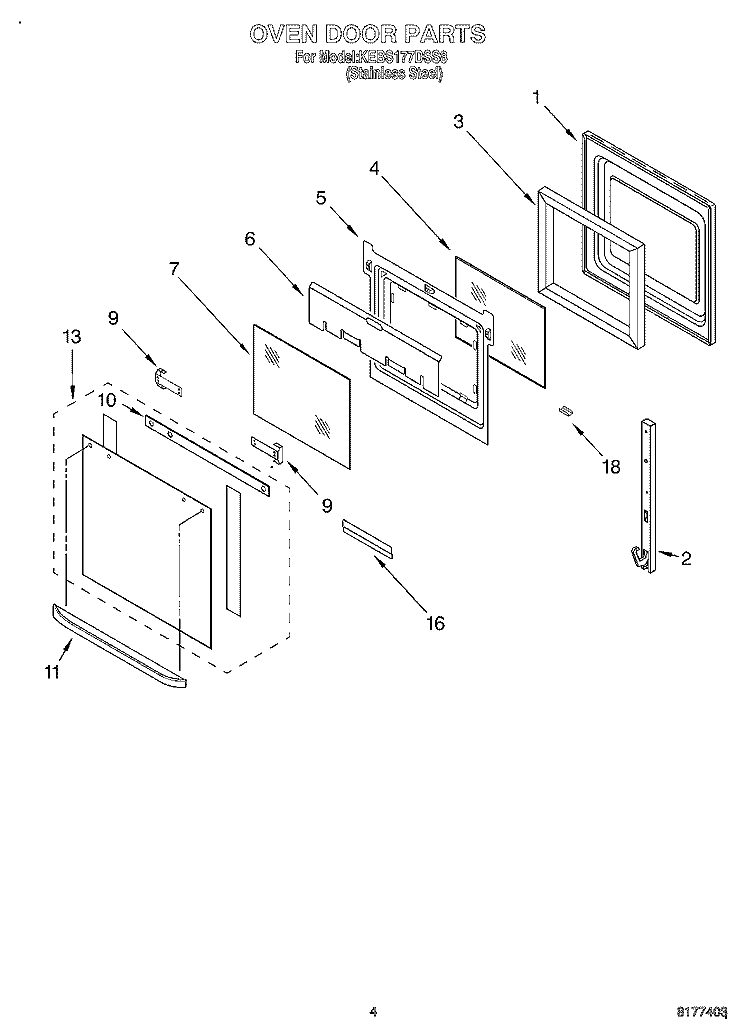 OVEN DOOR Diagram and Parts List for KEBS177DSS8  KitchenAid Wall Oven