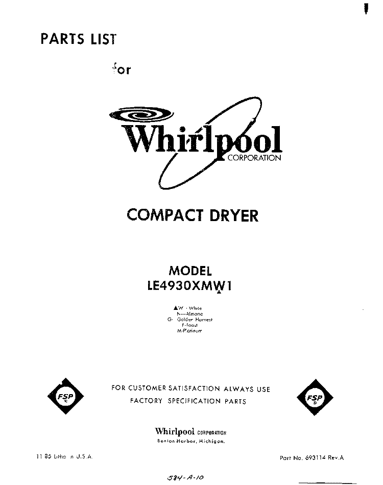 SECTION Diagram and Parts List for LE4930XMW1  Whirlpool Dryer