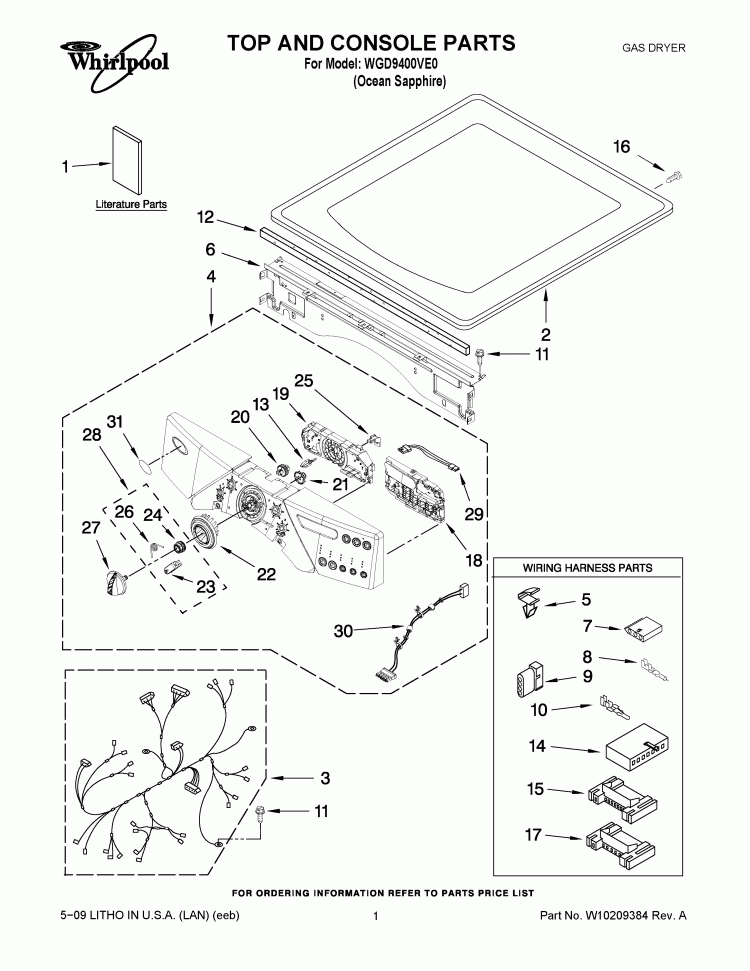 TOP AND CONSOLE PARTS Diagram and Parts List for WGD9400VE0  Whirlpool Dryer