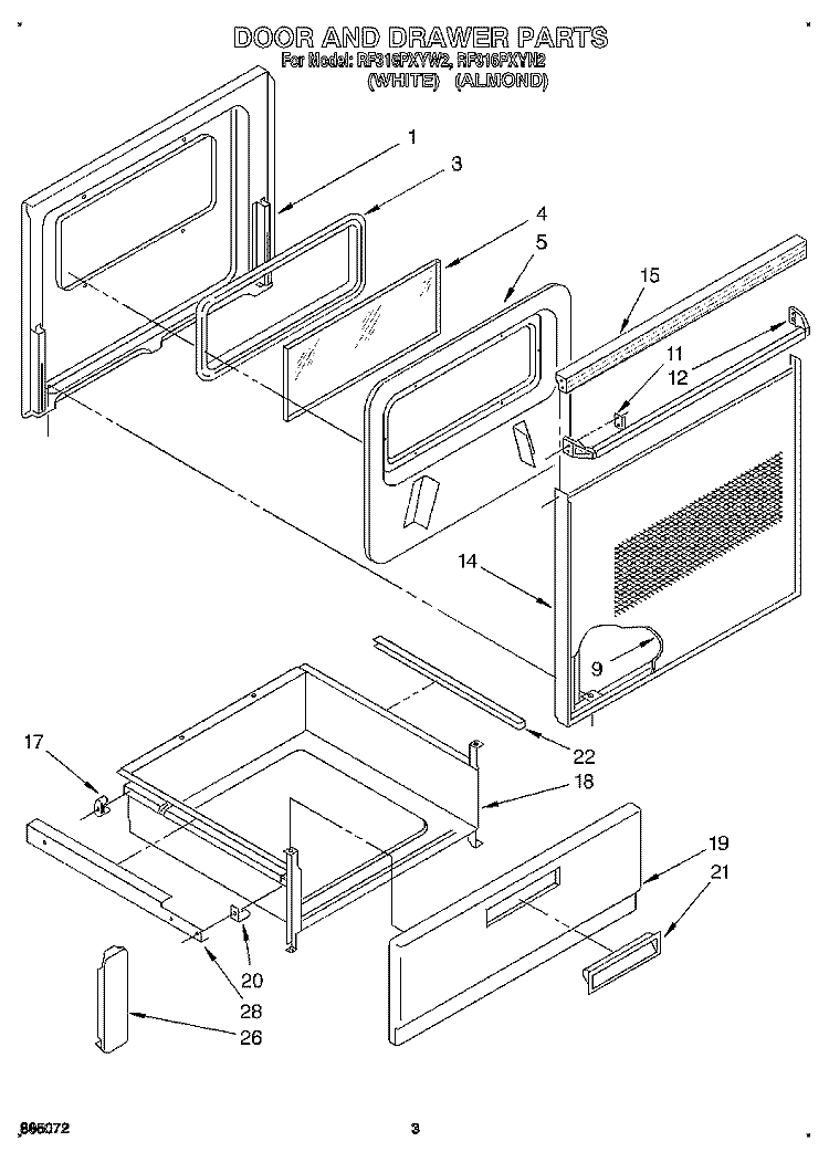 DOOR AND DRAWER Diagram and Parts List for RF316PXYN2  Whirlpool Range