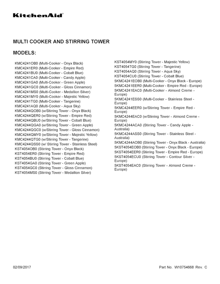 Cover Sheet Diagram and Parts List for KMC4244QGC0  KitchenAid Slow Cooker