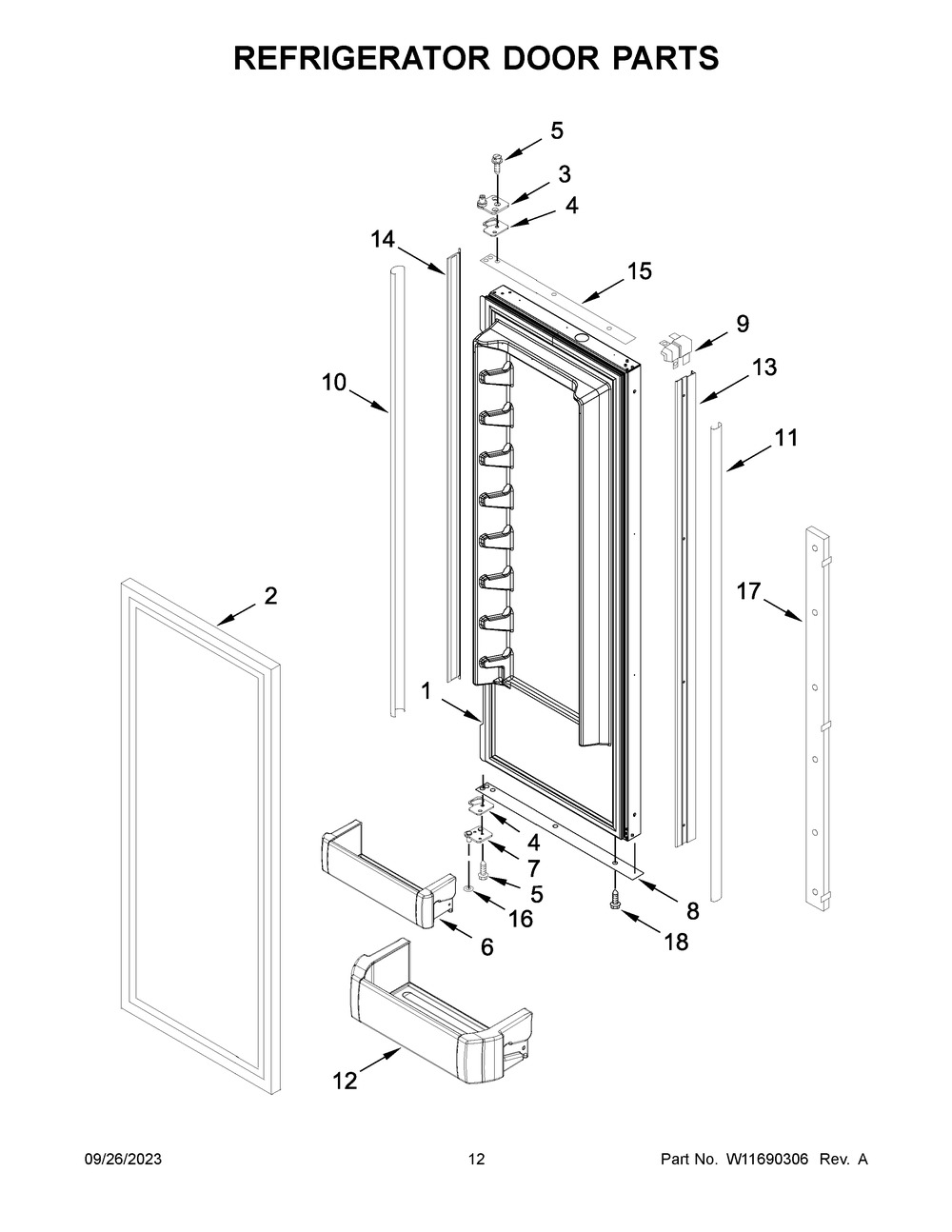 Refrigerator Door Parts Diagram and Parts List for KBFN506EPA05  KitchenAid Refrigerator