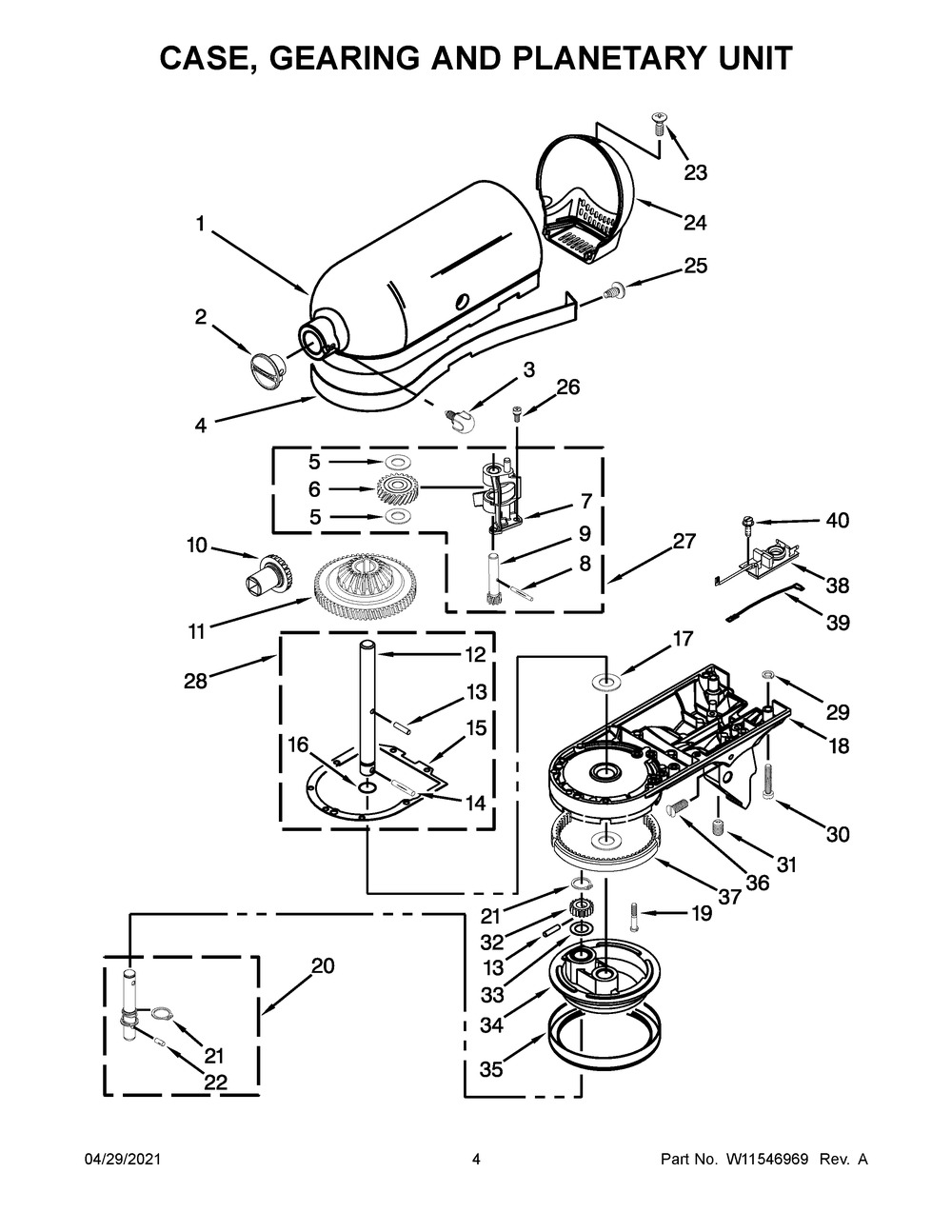 Case, Gearing And Planetary Unit Diagram and Parts List for 9KSM160FGAOB0  Whirlpool Mixer