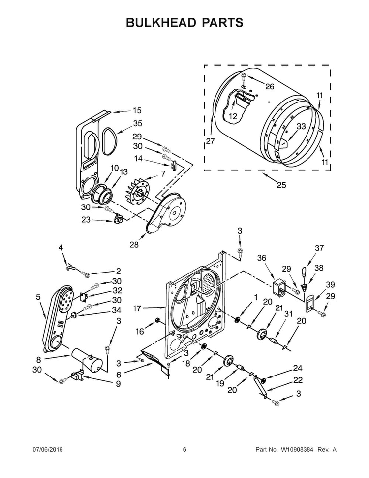 Bulkhead Parts Diagram and Parts List for 11072332512  Kenmore Dryer