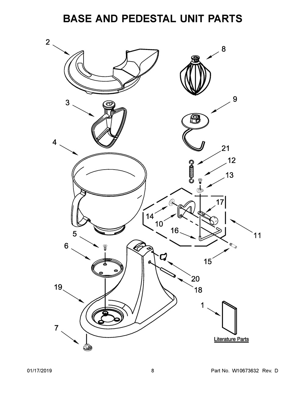 Base And Pedestal Unit Parts Diagram and Parts List for 5KSM150PSRIC0  Whirlpool Mixer
