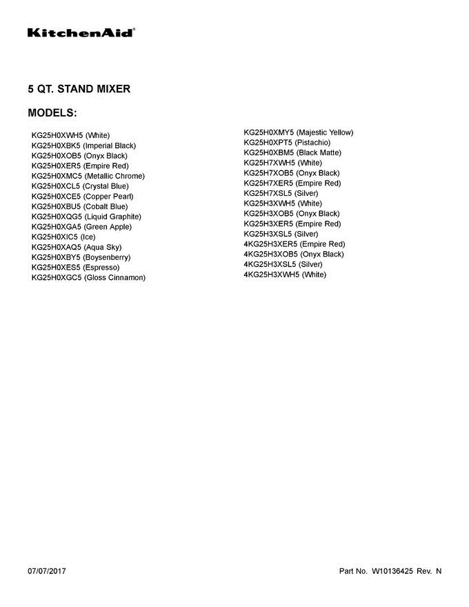 01 - Cover Sheet Diagram and Parts List for KG25H0XBM5  KitchenAid Mixer