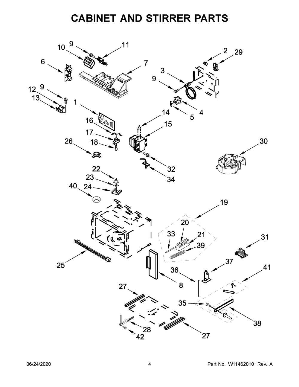 Cabinet And Stirrer Parts Diagram and Parts List for KOCE507EBS07  Whirlpool Microwave Oven Combo