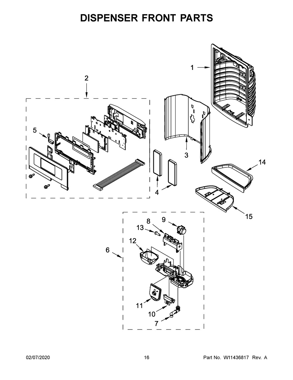 Dispenser Front Parts Diagram and Parts List for WRF555SDHB02  Whirlpool Refrigerator