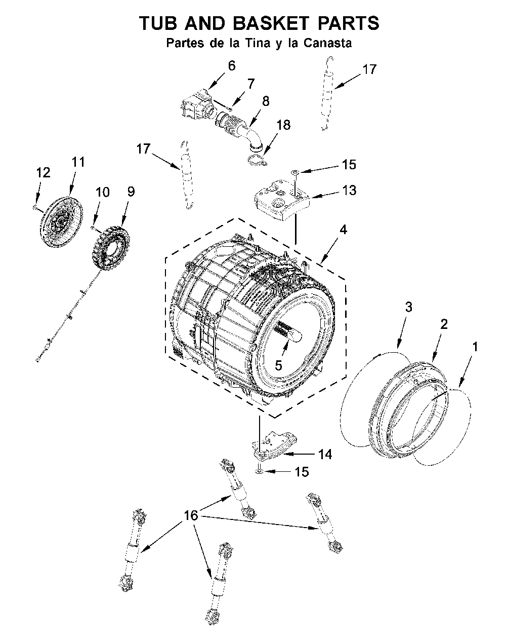 Tub and basket parts Diagram and Parts List for 7MWFW560CHW1  Whirlpool Washer