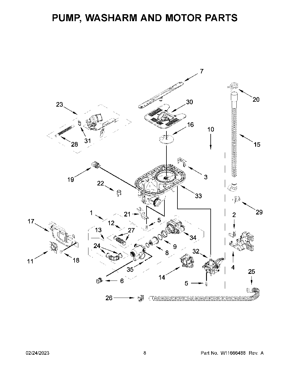Pump, Washarm And Motor Parts Diagram and Parts List for KDTM704LPA1  KitchenAid Dishwasher