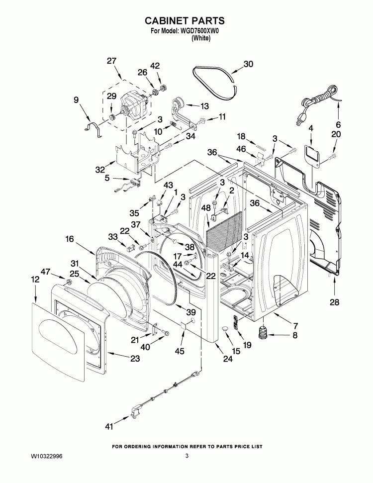 CABINET PARTS Diagram and Parts List for WGD7600XW0  Whirlpool Dryer