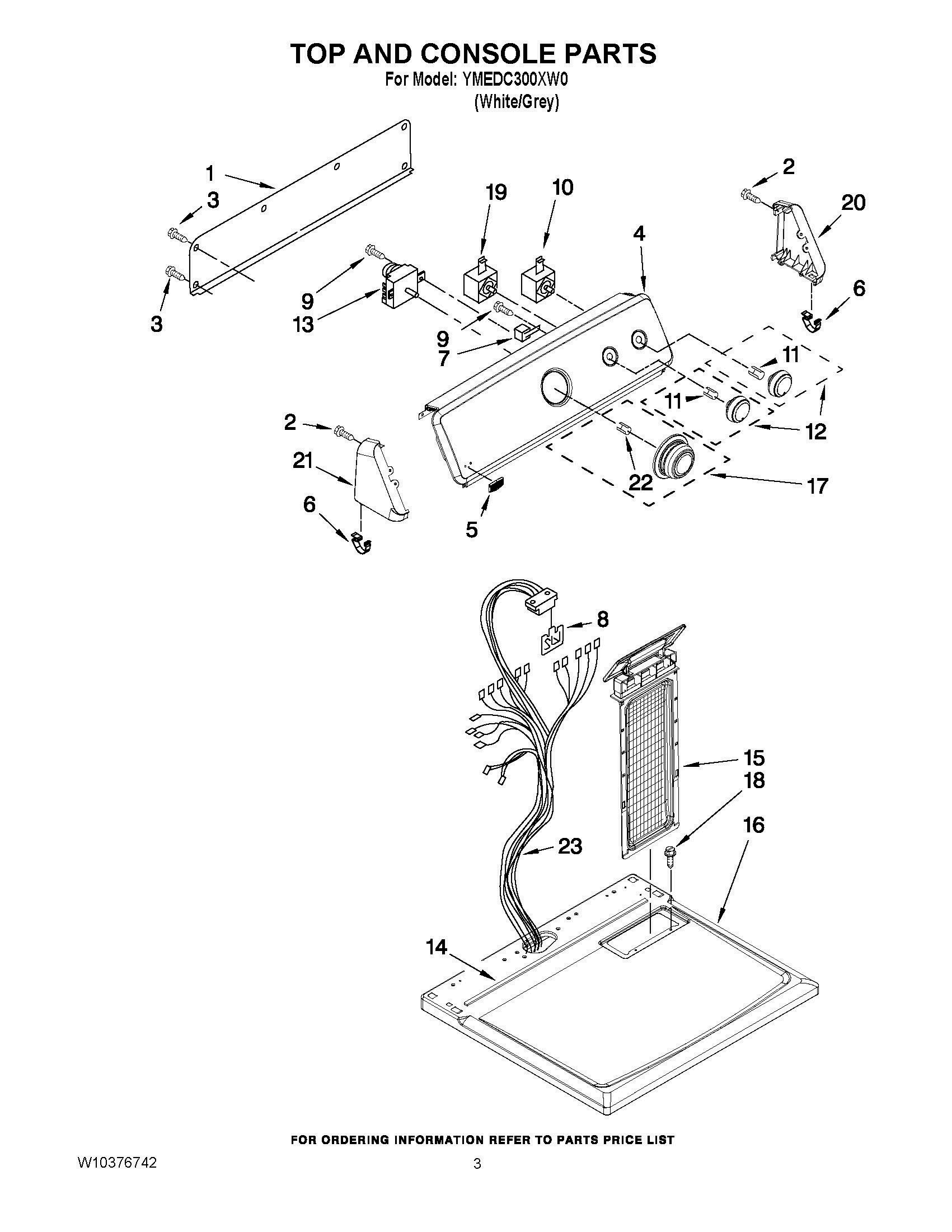 02 - TOP AND CONSOLE PARTS Diagram and Parts List for YMEDC300XW0  Whirlpool Dryer
